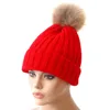 In stock small quantity cuff winter knitted faux fur pompom beanie hats