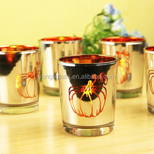 2015 New product western candle glass cup/ plating votive candle glass cup/ tealight holders with Halloween pumpkin printing
