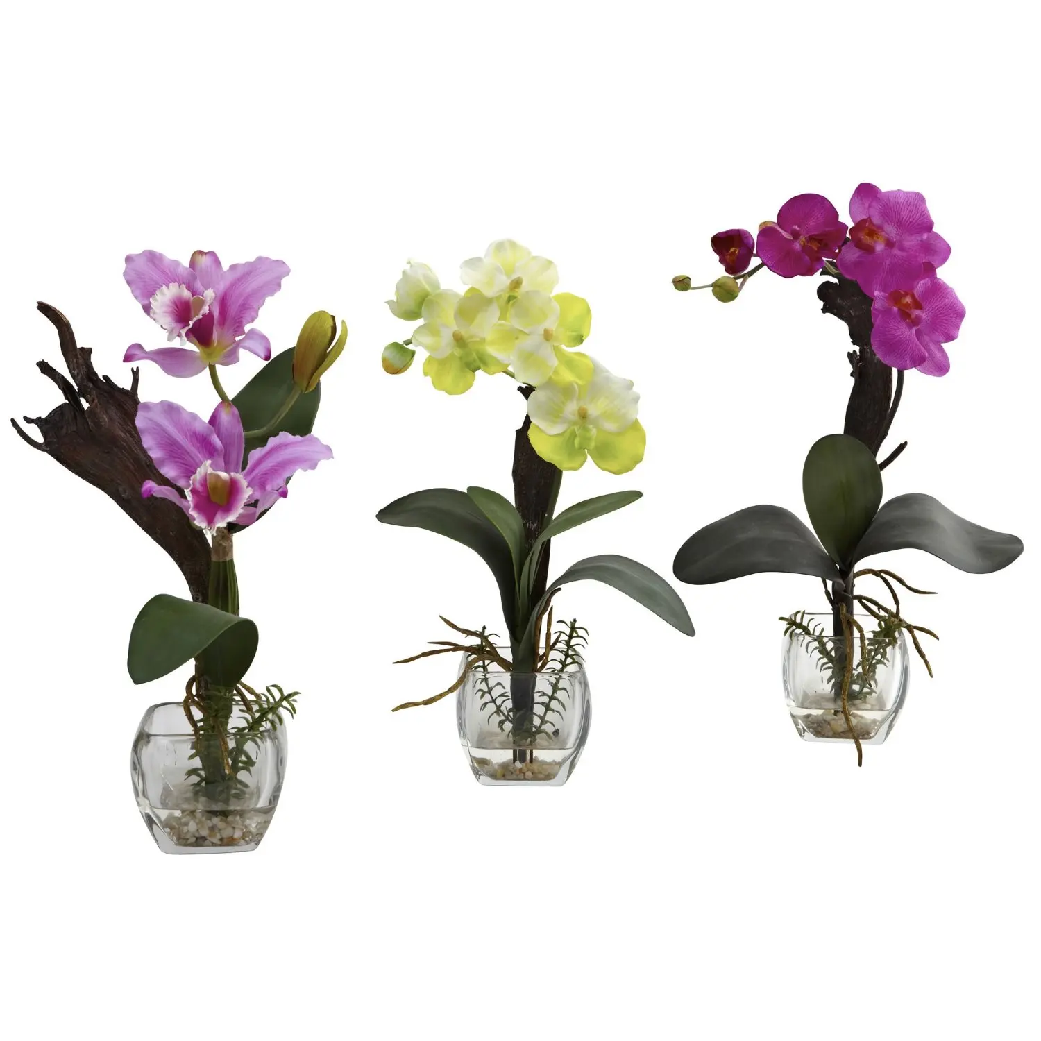Nearly Natural 1339-A1-S3 Mixed Orchid with Cube Arrangements, Lavender/Creamy Yellow/Purple, Set of 3