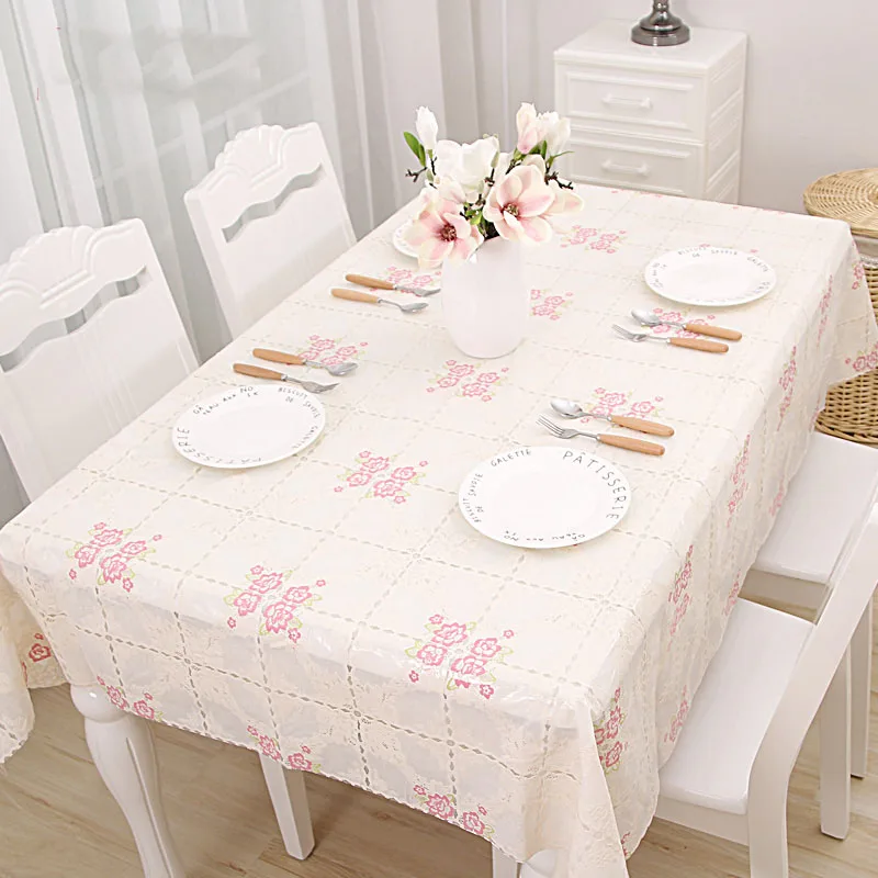 New Design Flower Embossed Plastic Lace Tablecloth For Kitchen Pink 