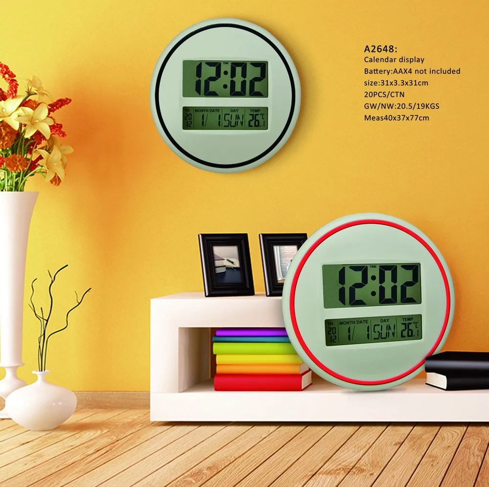 Digital Round Diy Large Wall Clock Lcd Calendar Baterry Operated With