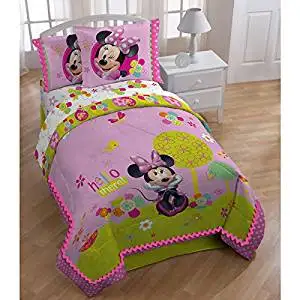 4 Piece Kids Disney Minnie Mouse Comforter Full Set, Mickey Mouse Themed Bedding for Girls, Cute Adorable Mini Character, Featuring Flowers Floral Green Pink White