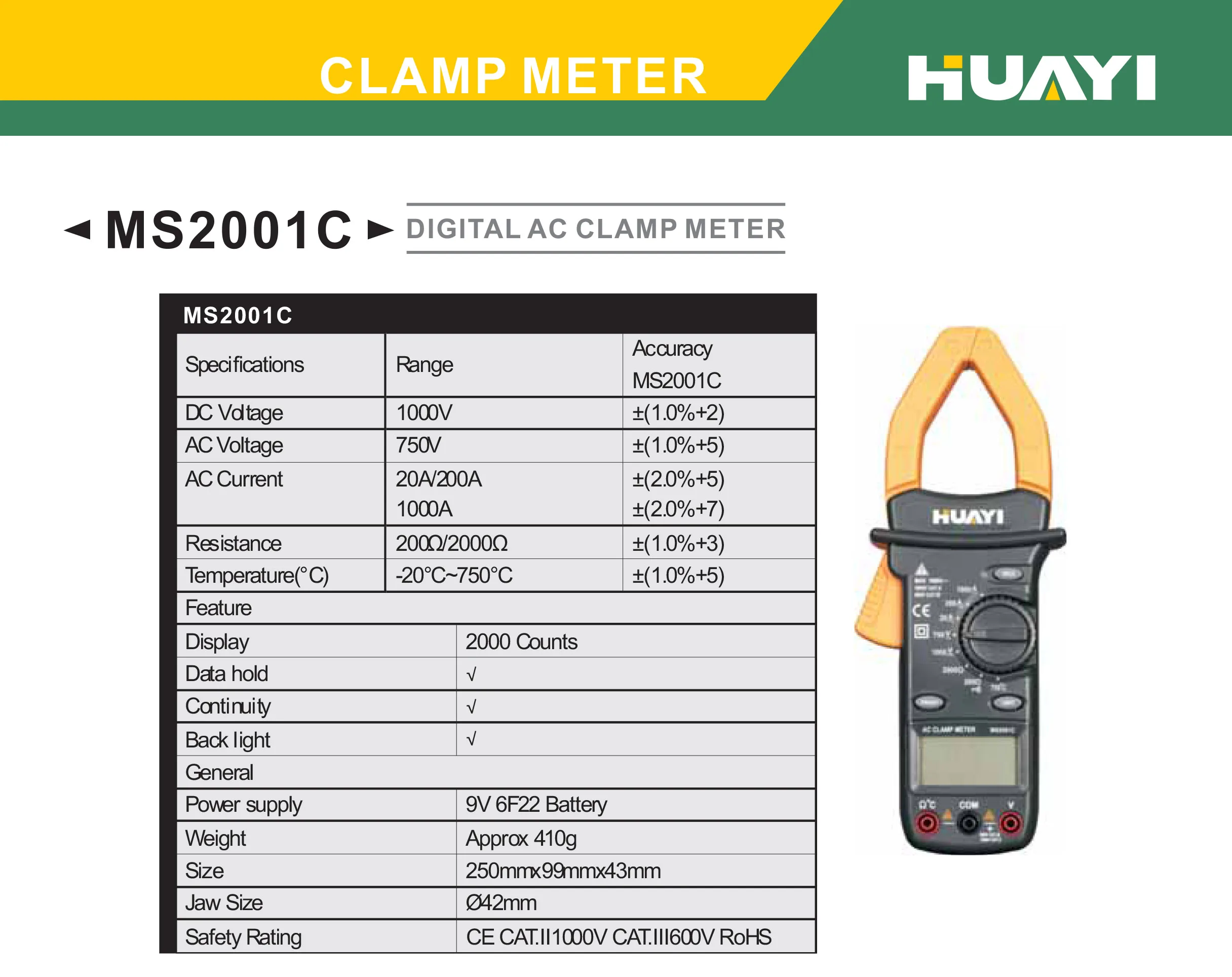 MS2001C 1000v 1000A AC Clamp Meter