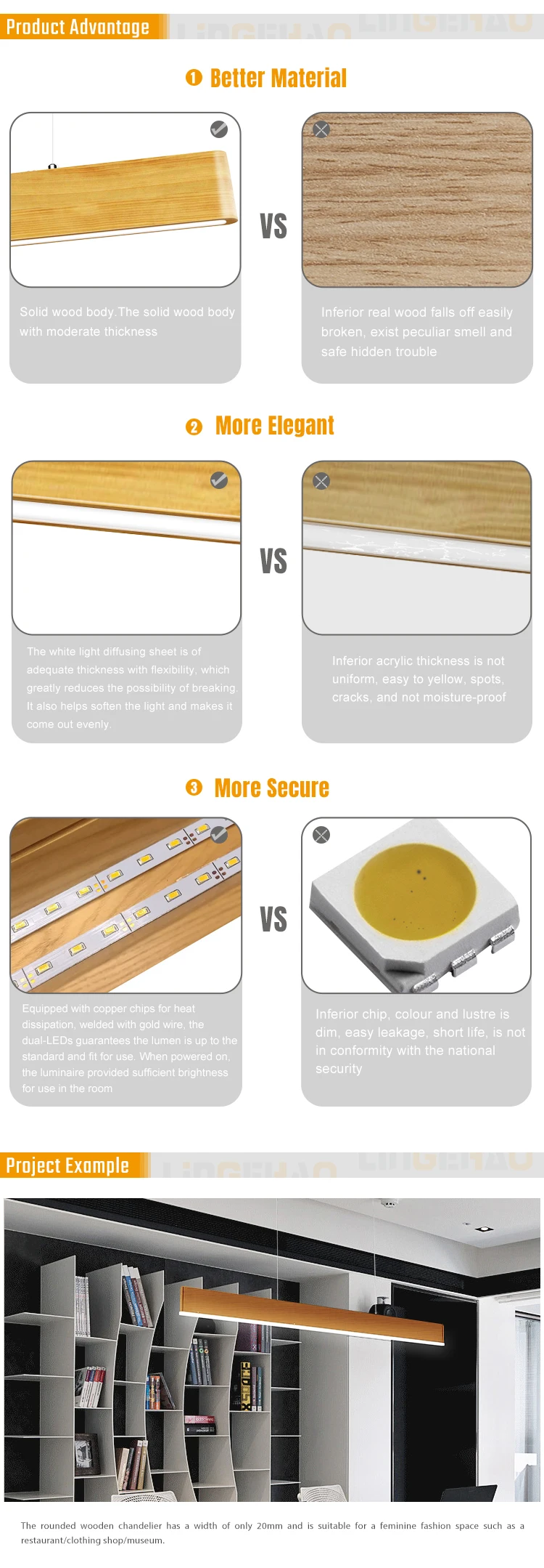 15w hanging lights Indoor decoration wooden lamp led pendent linear light