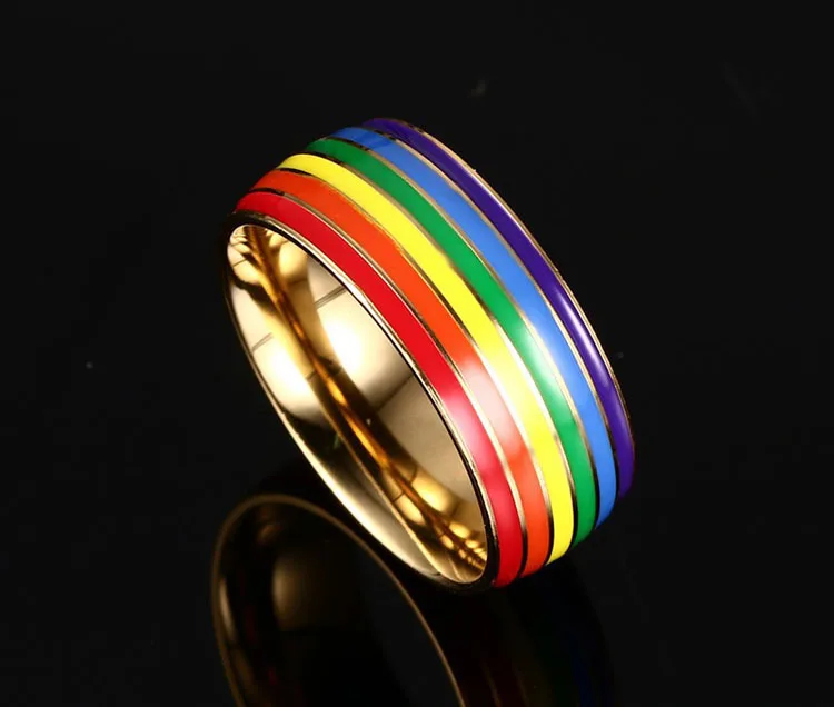 Rainbow Cz Stainless Steel Rings Gold Plated For Lesbian Gay