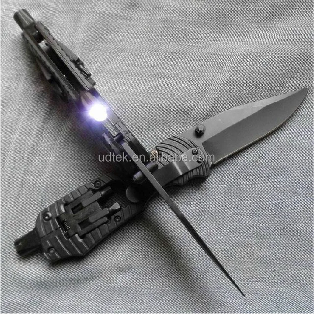 OEM stainless steel multi folding hunting knife with led light flashlight