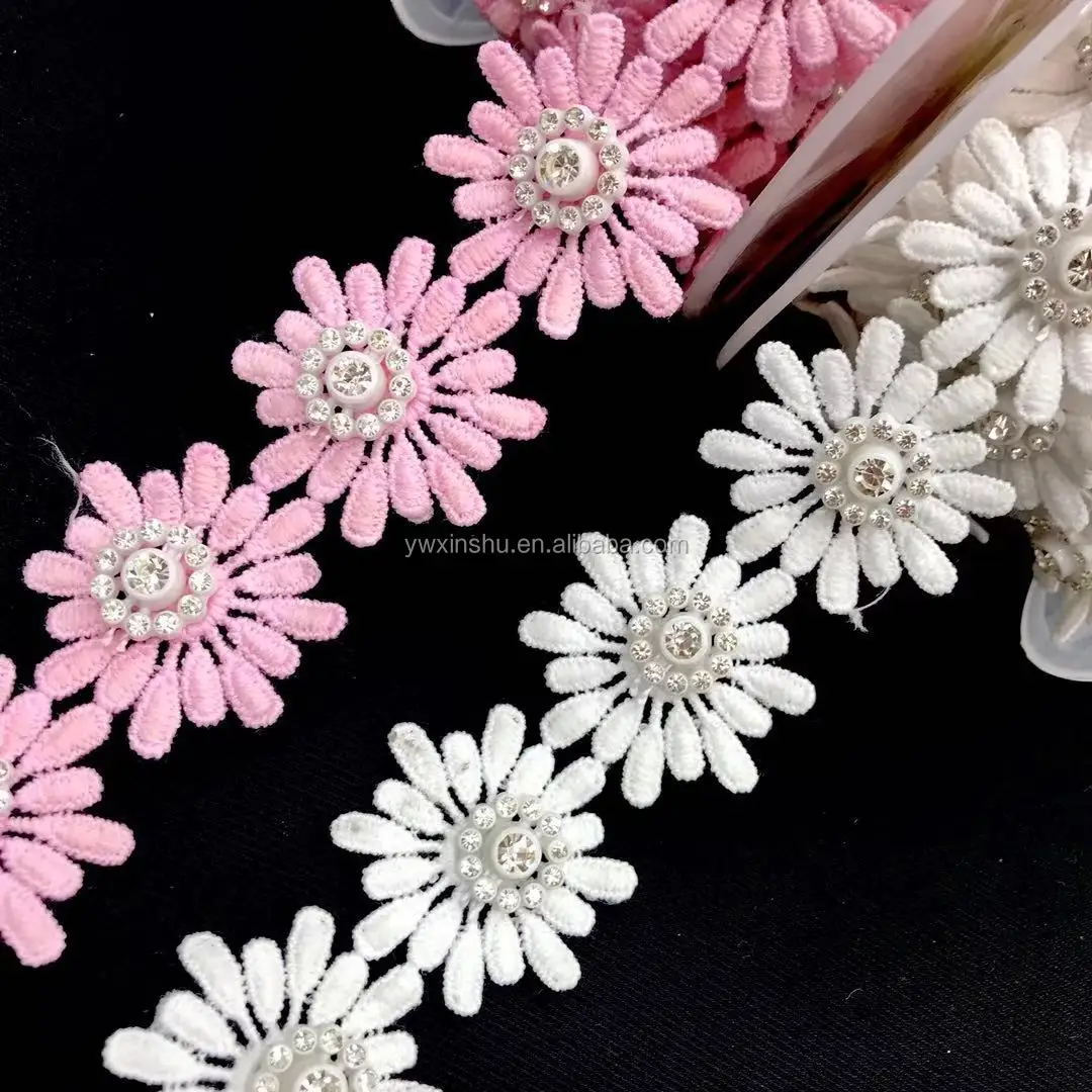 Aplique De Encaje Bordado Con Bordado De Margaritas Y Flores - Buy 