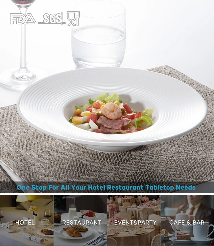 Luxury White Five Star Hotels Restaurant Deep Rim Plate,  High Impact Strength Chip Resistance White Hotel Soup Plate %
