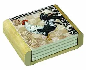 CounterArt Bergerac Rooster Design Square Absorbent Coasters in Wooden Holder, Set of 4 Assorted