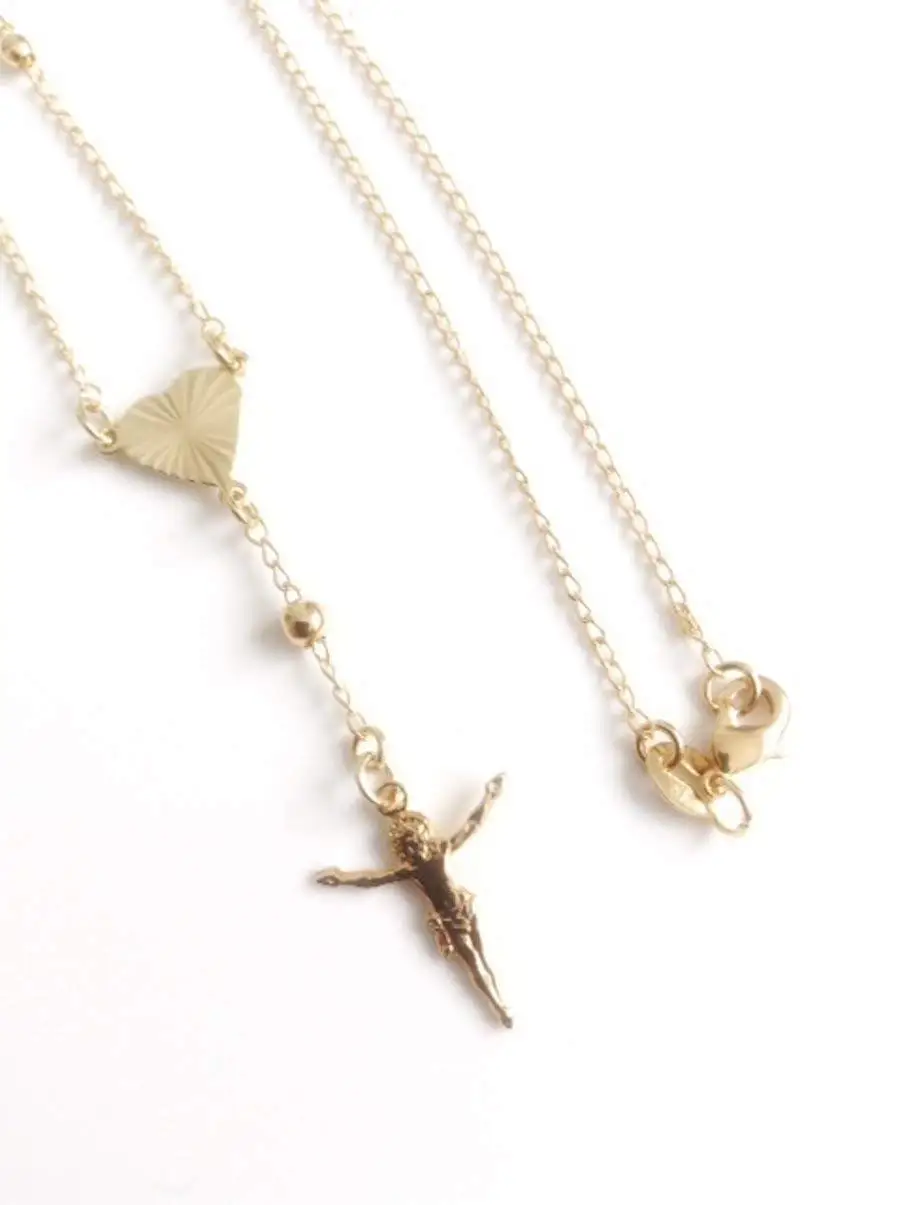 Delicate Rosary Lariat Necklace Gold Plated Crucifix. Catholic Wedding Jewelry for Brides