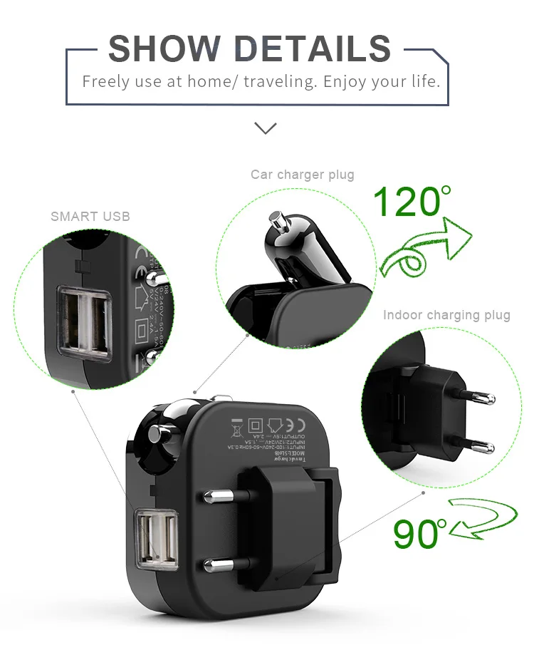 Multifunction Car & Wall 2 In 1 Charger 2.1a Dual Usb Port With Us/eu ...