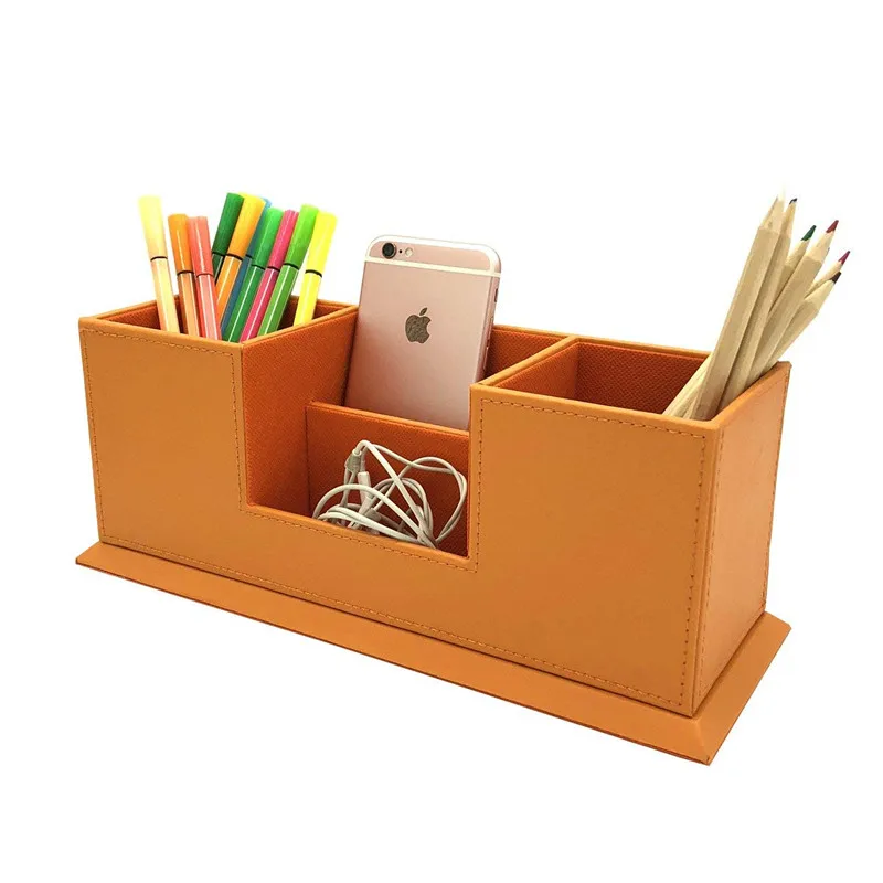 PU Leather Desk Stationery Box Organizer Office Desktop Organizer 