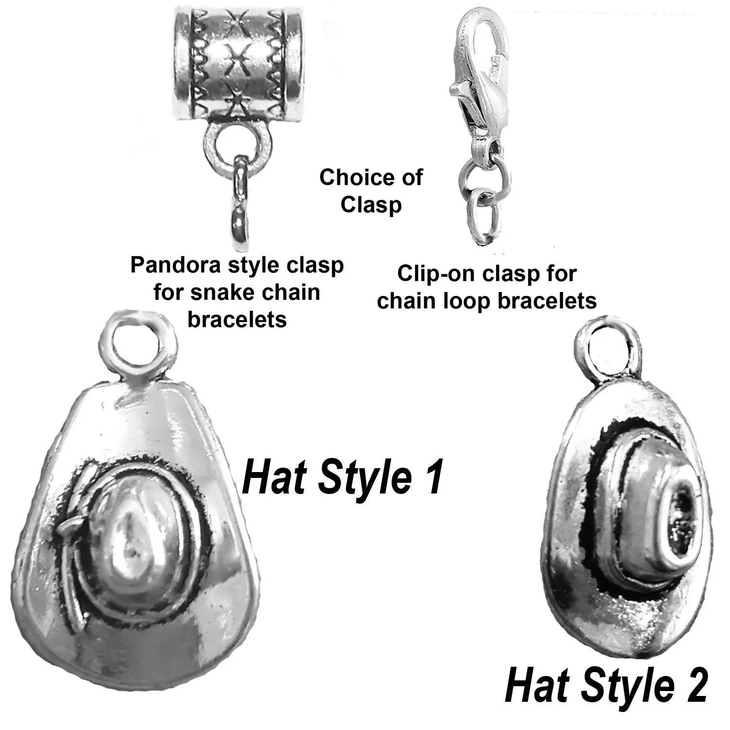 "Cowboy hat charm" antique silver charm in 2 styles by Mossy Cabin for large hole snake chain charm bracelets, or clip-on clasp to add to a chain bracelet, neck chain or key chain