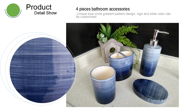 Blue circle gradient pattern ceramic bathroom set of 4 include soap dish toothbrush holder lotion dispenser tumbler