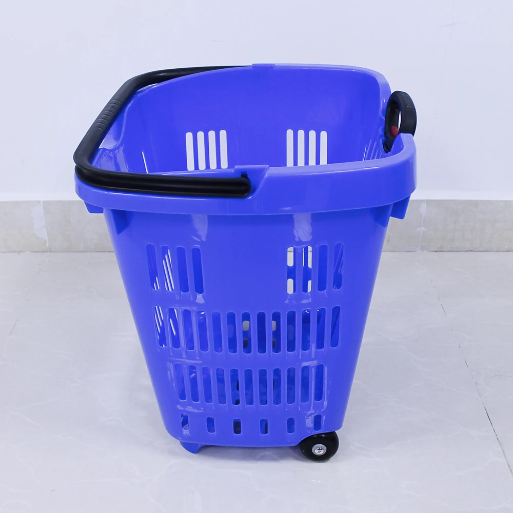 Wholesale Supermarket Plastic Rolling Shopping Hand Basket Trolley With