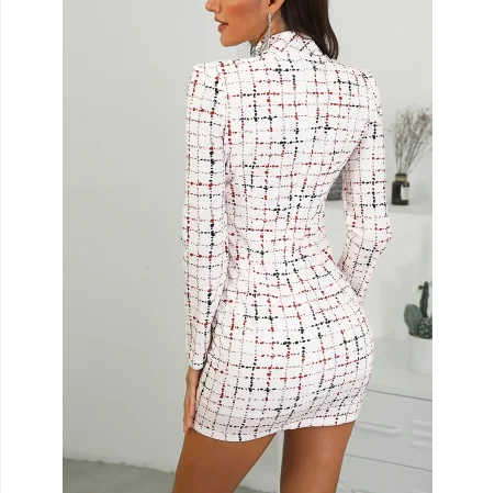 Plaid Print Skirt Ladies Dress Long Sleeve Chic Mini Dress