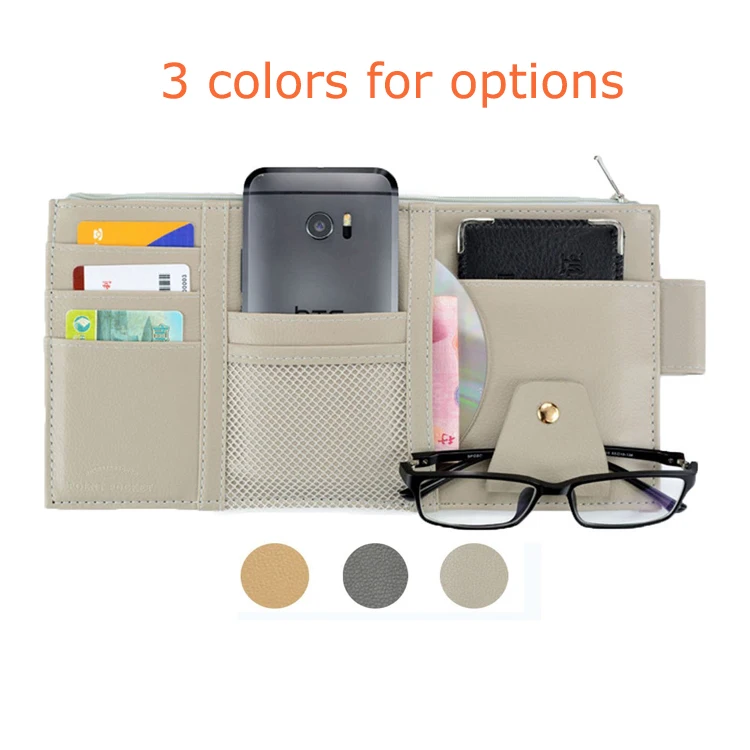 2018 hot sale multi-function zipper glasses clip pouch bag holder PU leather car sun visor organizer