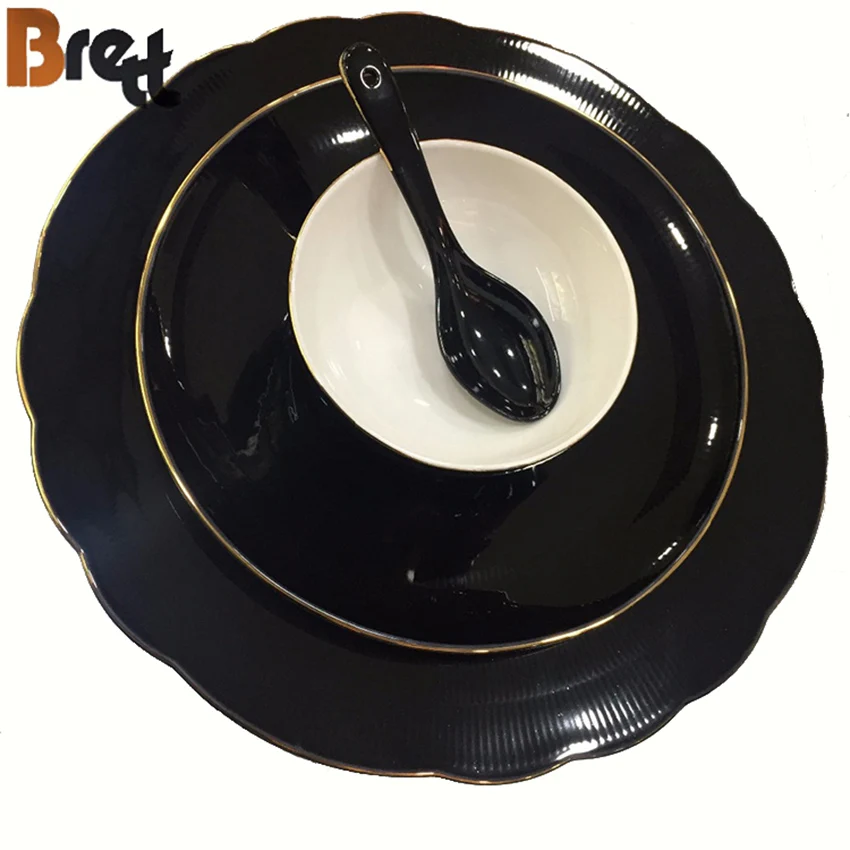 Luxury Black And White Bone China Dinner Set With Gold Rim