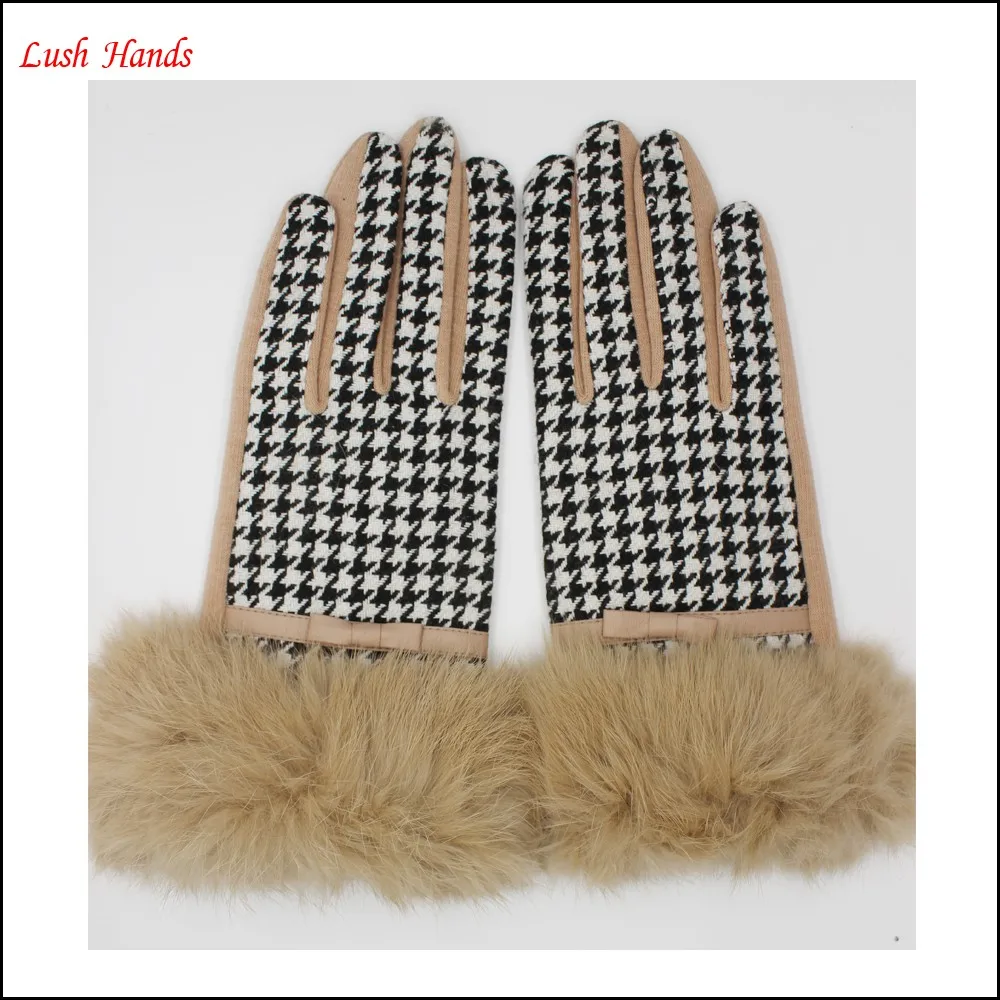 2016 Fashion ladies checked wool gloves with real rabbit fur cuff