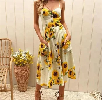 Summer Casual Dress Women Cotton Floral Print Elegant Vintage