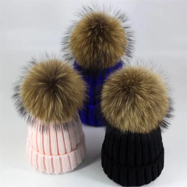 2017New fashion Super Warm girls' Knitted Beanie Hat with real raccoon fur pompom