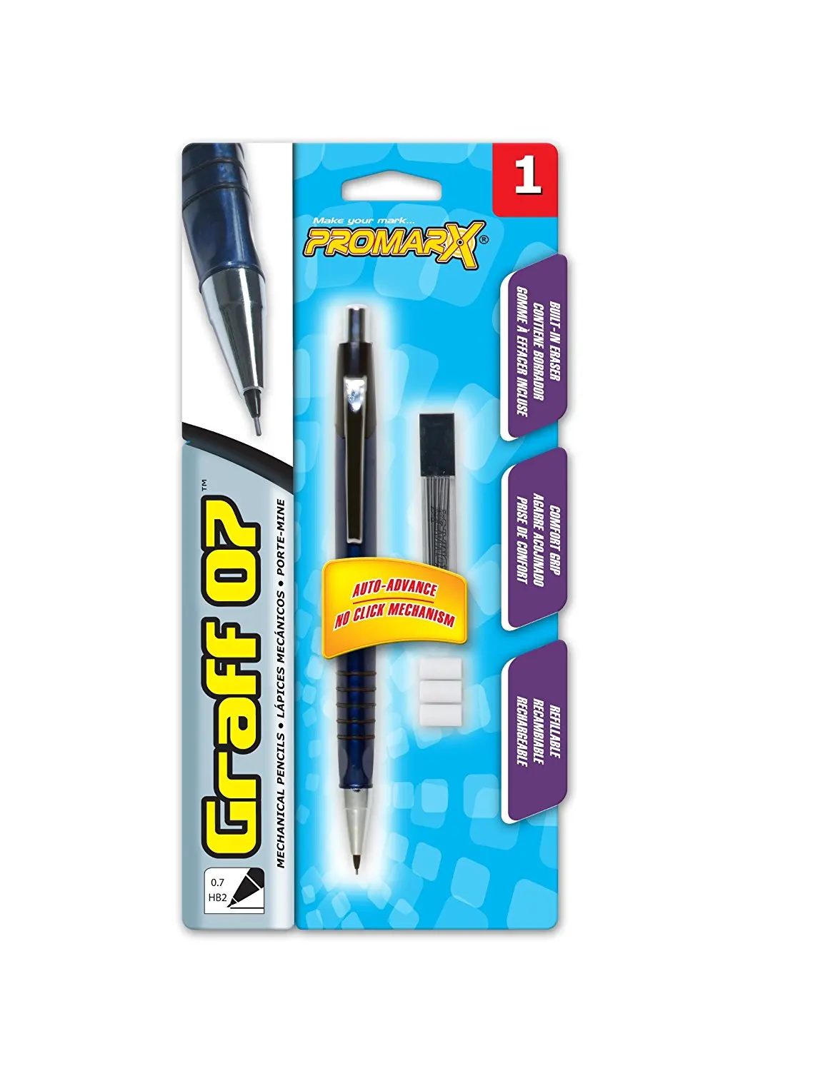 Promarx Graff 07 Mechanical Pencil with Refill Leads, Built in Comfort Grip and Eraser, 0.7 mm, 1 Count
