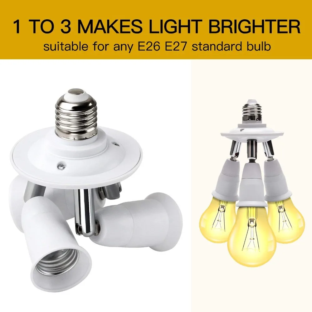 Triple Light Socket Splitter Adapter 3in1 E26 E27 Light Bulb Socket