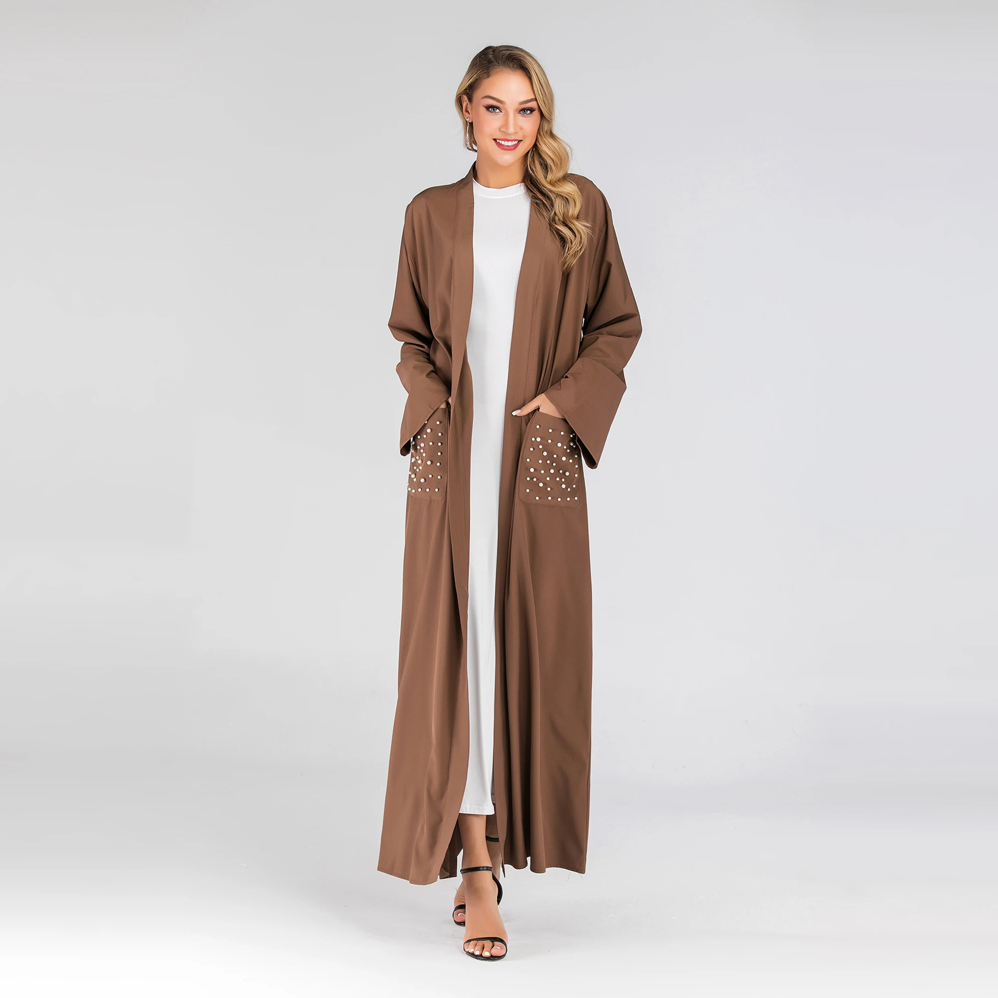 1738 2019 New Muslin Women Dress Brown Kimono Abaya Front Open Abaya