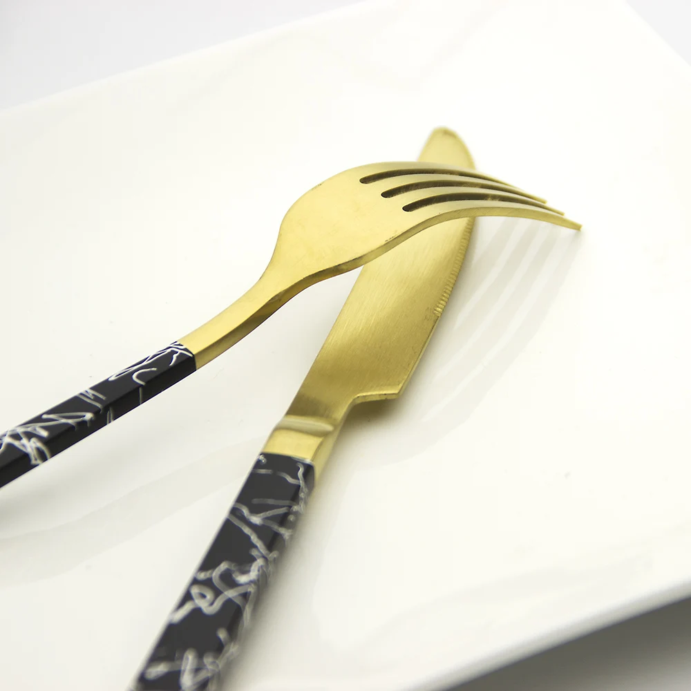 Matte Gold Plated 18/10 Stainless Steel Black Handle With Marble Stripe