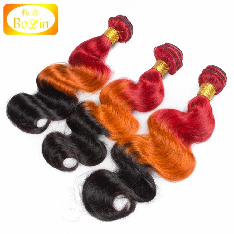 New Ombre Red Orange Black Brazilian Virgin Hair Three Tone Ombre