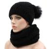 Hot sell high quality cable thick warm woman knitted scarf and hat with fur pom pom