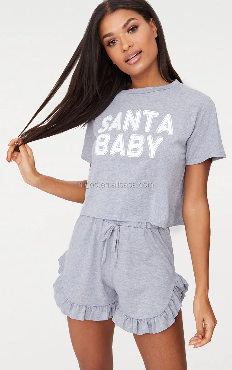 Mgoo Custom Printed Women Short Pajamas Lace Hem Cotton Pyjama Crop Top