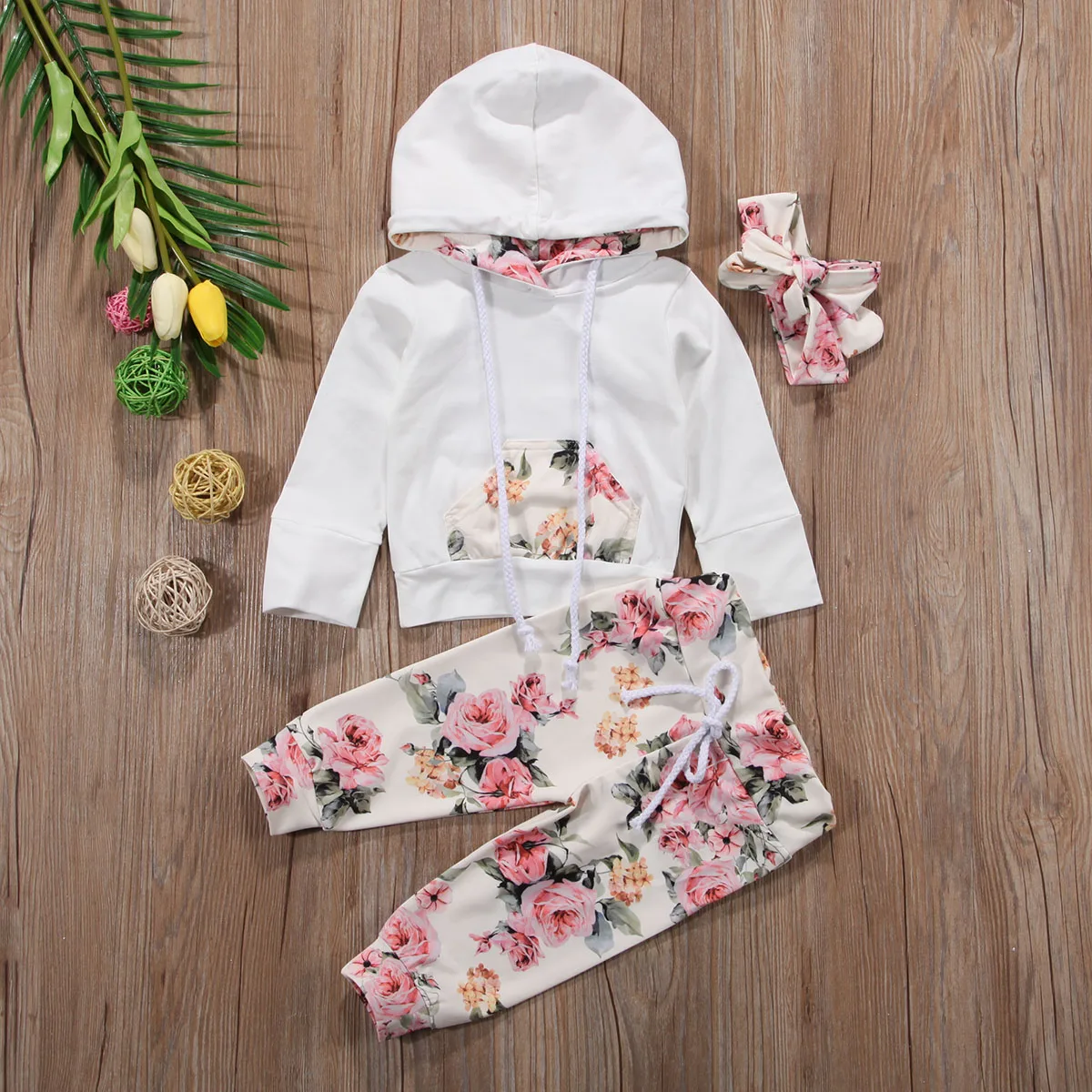 Newborn Baby Girls Clothes Hooded Tops Pants Floral Outfits Set Infant Tracksuit 