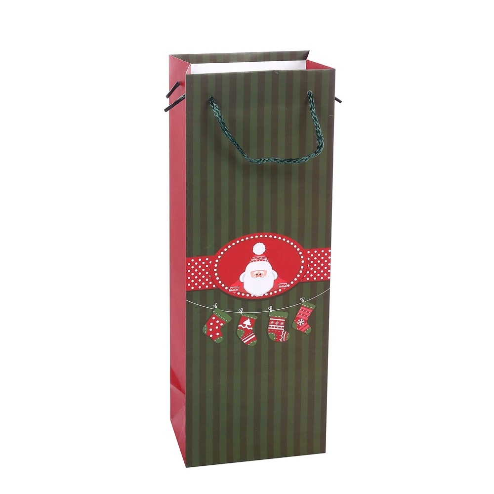 Simple Decoration Stripe Printing Santa Claus Christmas Stocking Kraft Paper Wrapping Wine Bag
