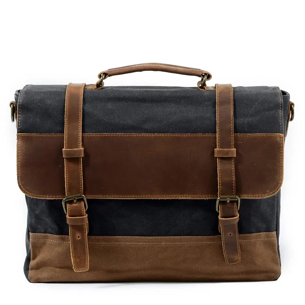 Canvas Shoulder Briefcase Businessretro Mens Leather Laptop Messenger Bag Business