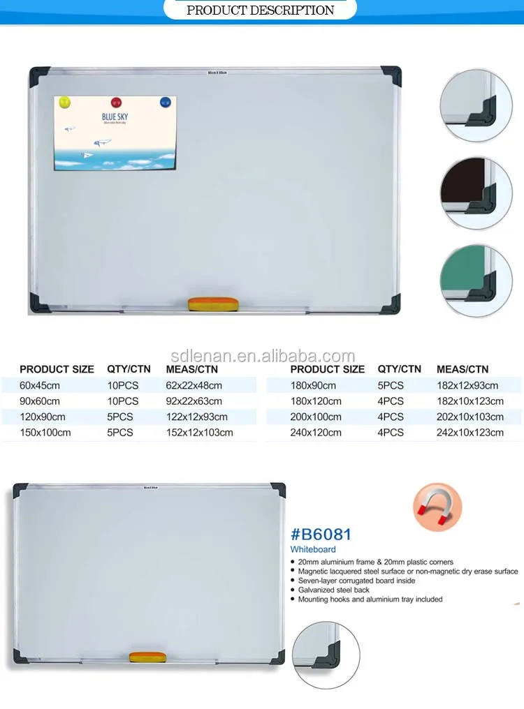 Durable Whiteboard Standard Sizes Of Classroom 17 Mm Aluminium Frame 