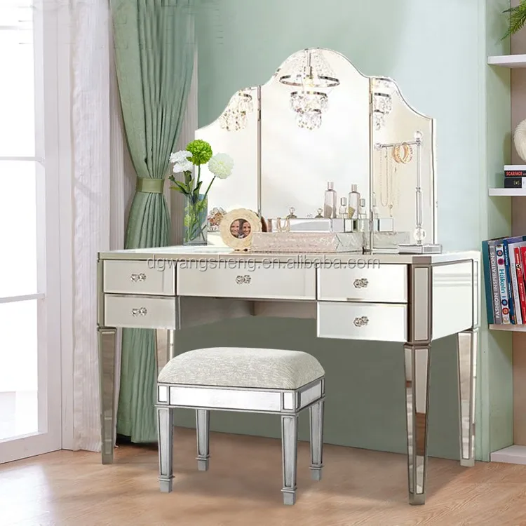 Champán De Plata De Tocador Con Espejo De Vidrio Con Espejo Y Taburete