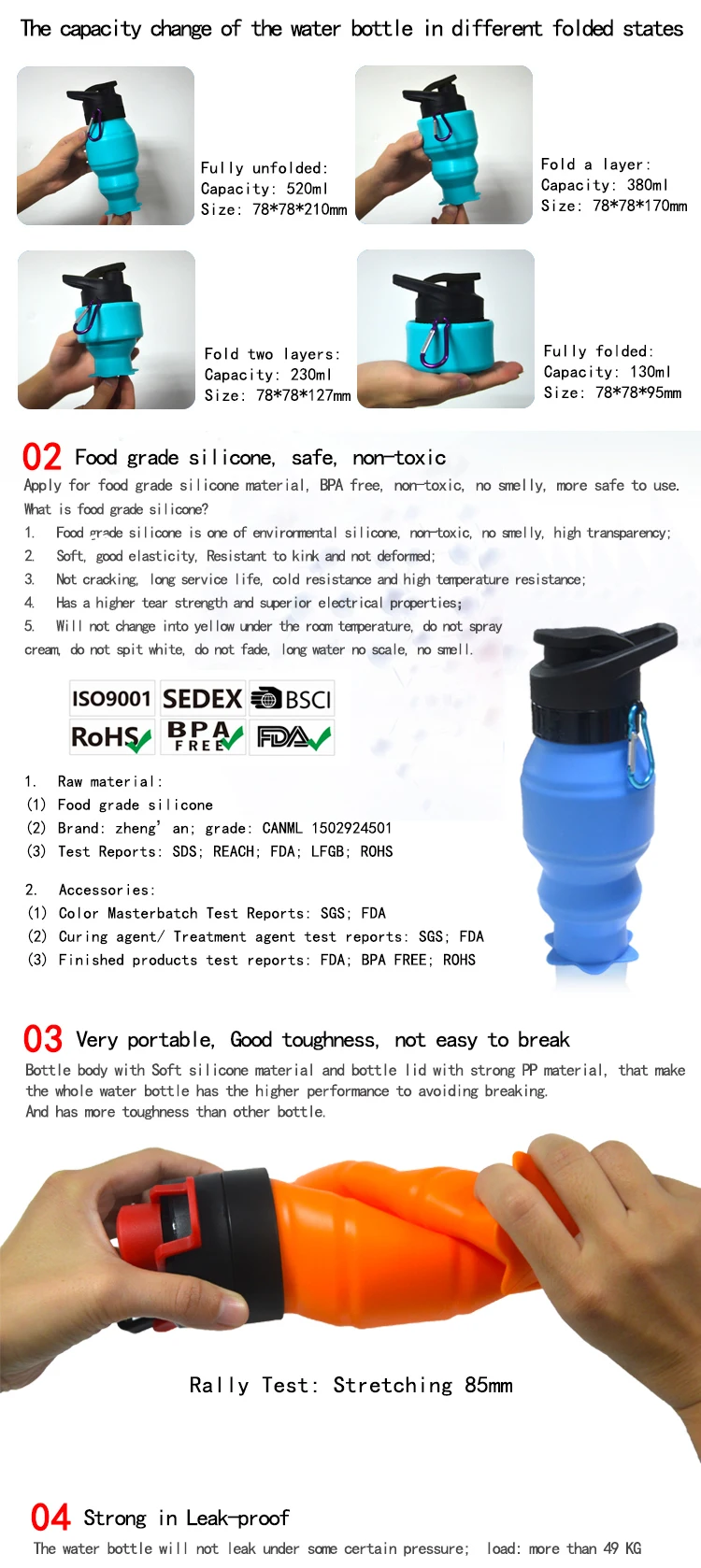 Medical Grade Silicone Leak Proof Foldable Silicone Collapsible Sports Water Bottle 530ml 7