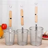 FDA approved stocked stainless steel metal pasta strainer with a long wood hook handle