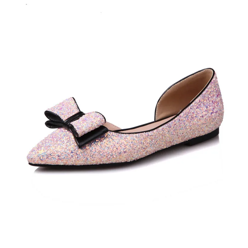 Manufacturer Ladies Cute Shoes With Pink Bowknot Glitter Womens Flats