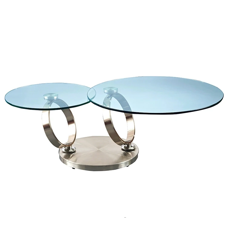Modern design uitbreidbaar swivel 12mm gehard glazen meubels mesa de cafe roterende ronde dubbele ronde metalen kleine salontafel