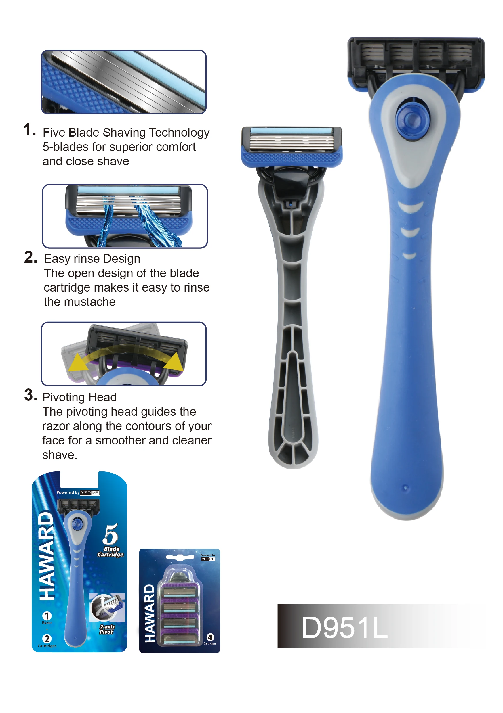 D951l New Design Rubber Handle Korean Technology 5 Blade System Razor