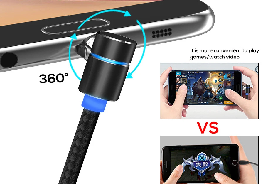 Hot Selling 90 Degree Elbow Magnetic Micro USB Charger Cable 3 In 1 LED Light Fast Charging USB Cable