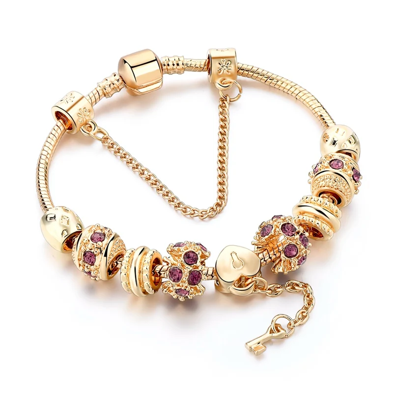 Gold Color Bead Charm Bead Bracelet With Purple Crystal Heart And Key