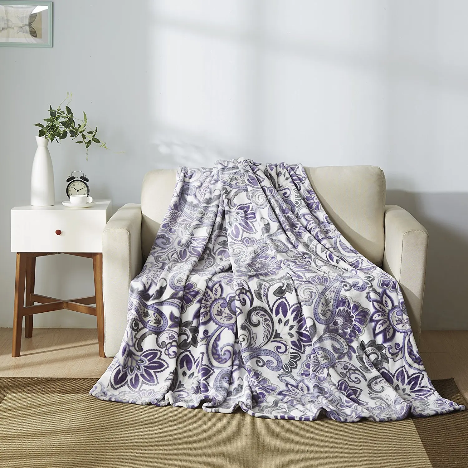 All American Collection New Super Soft Printed Throw Blanket (Queen Size, White/ Lavander)