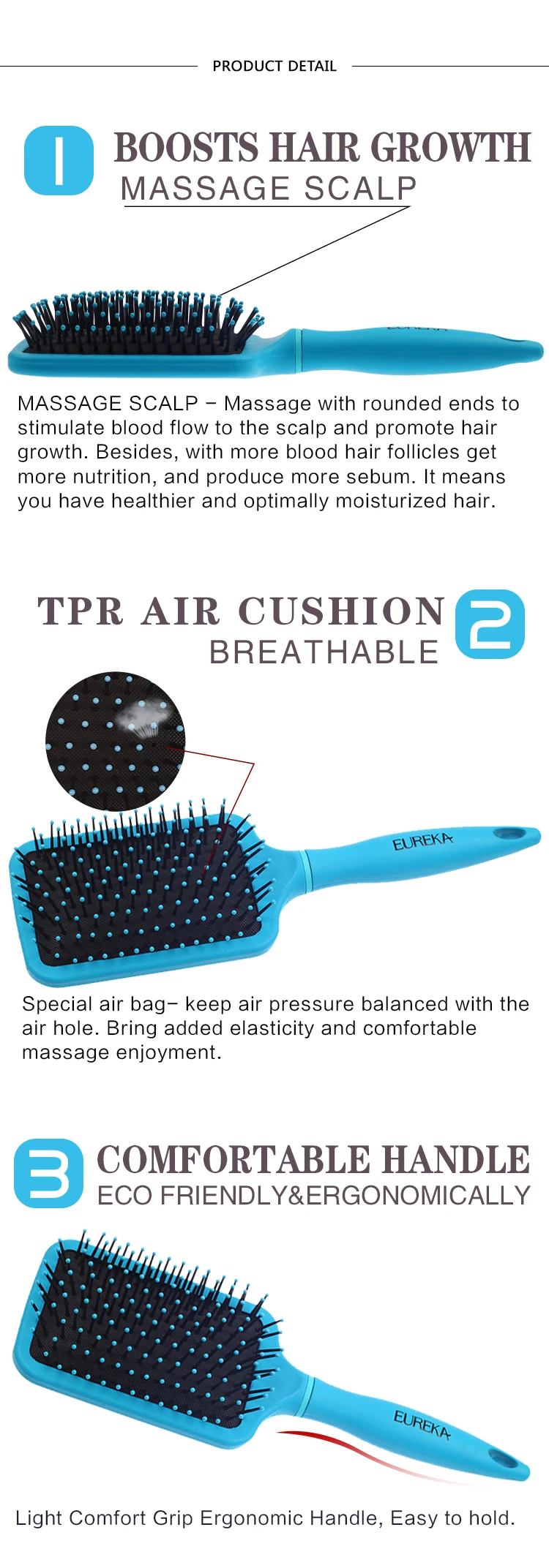 EUREKA 9594CEG Paddle Cushion Hair Brush for All Hair Types Ball-Tip Nylon Pins Anti-Slide Handle Hairbrush