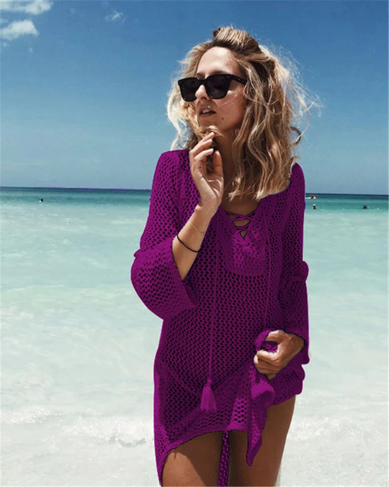 New Beach Cover Up Bikini Crochet Knitted Tassel Tie Beachwear Summer Swimsuit Cover Up Sexy See 3686