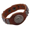 punk design with metal stud part pu leather cuff with big medallion alloy genuine leather bracelet