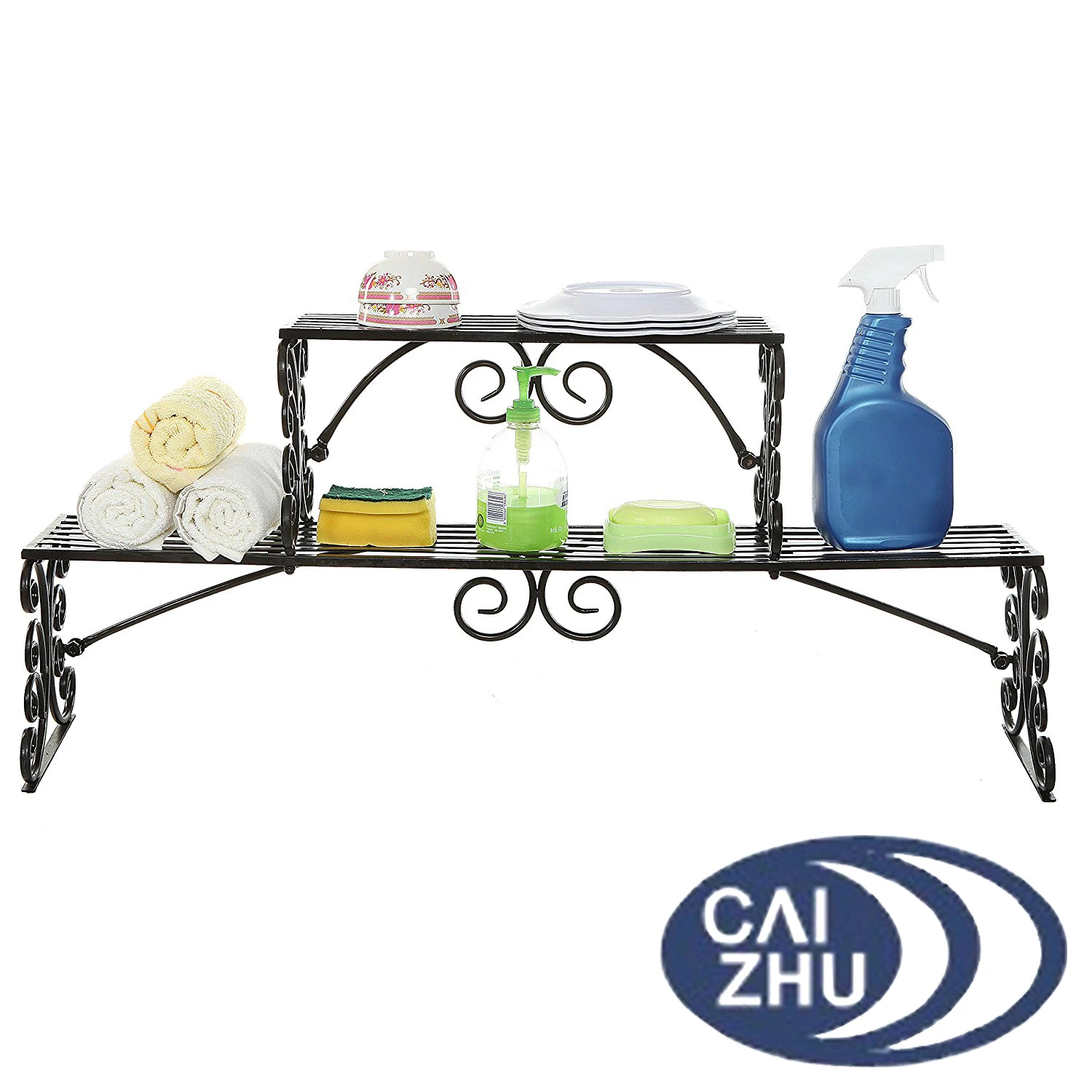 Over Sink Black Metal Scrollwork Design 2 Tier Kitchen Organizer Shelf