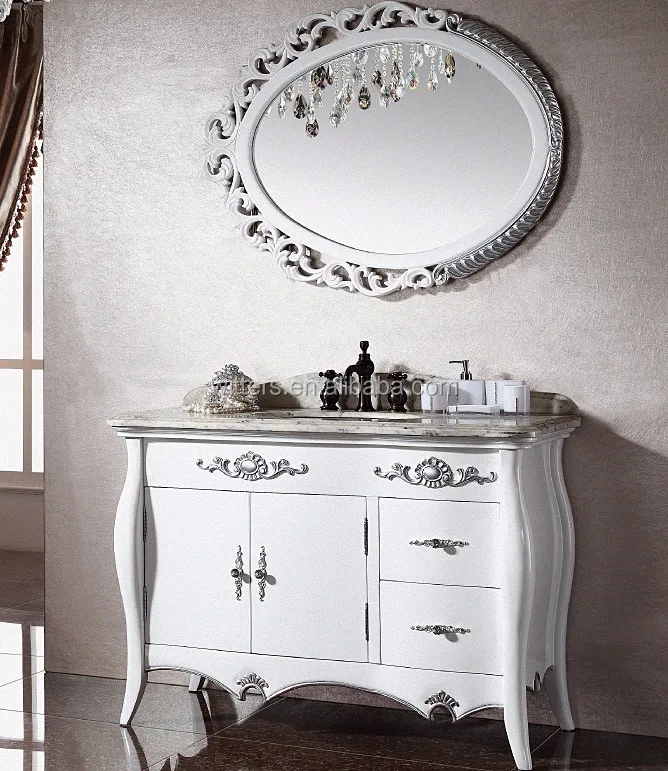 French White Shabby Chic Bathroom Cabinet With Oval Mirror Wooden